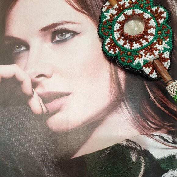 Fashion Huichol Green Leather Beaded Handmade Hair Pin Clip Women Accessory - Picture 2 of 4